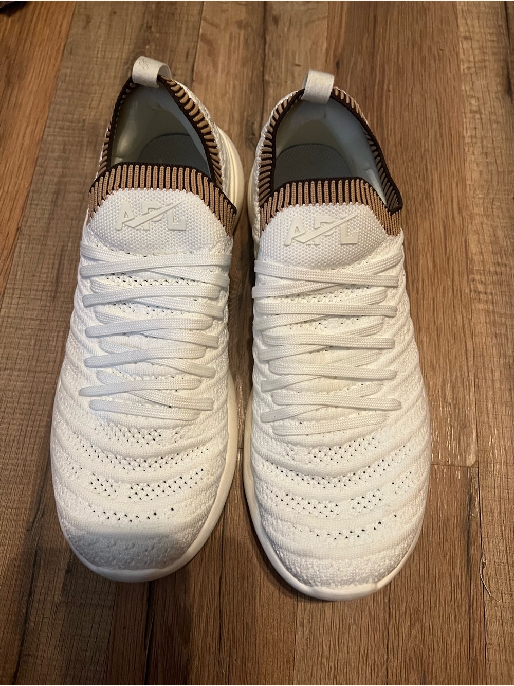 APL Women’s White Knit Slip-On Sneakers with Brown Trim